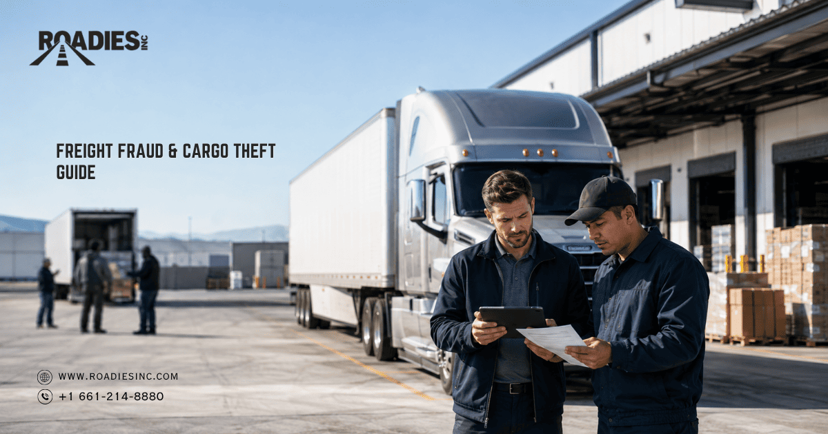 Freight broker verifying a commercial truck before pickup to prevent cargo theft, carrier identity fraud, and freight fraud in California.