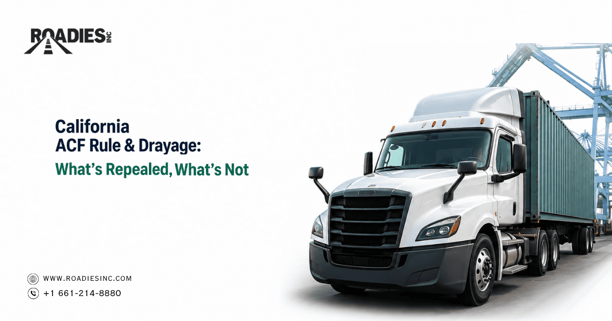 Electric drayage truck at California port terminal with shipping containers, ACF rule and ZEV drayage guide 2026