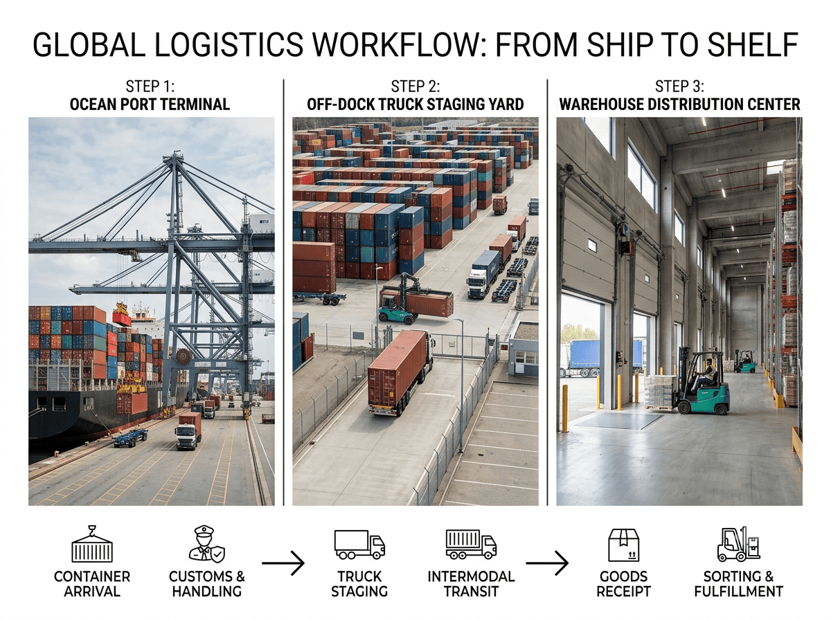 OCEANFREIGHT PROCESS flowchart: Ocean Terminal, Drayage & Off-Dock Yard, and Warehouse Distribution Center.
