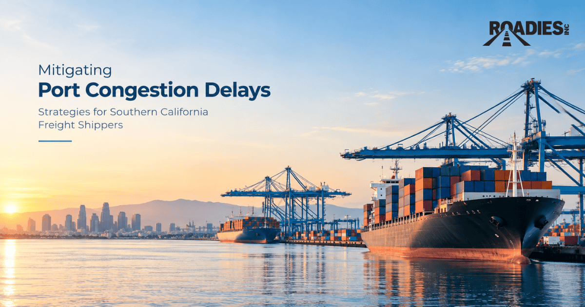 Container ship and cargo cranes at a Southern California port, illustrating strategies for mitigating port congestion delays for freight shippers.