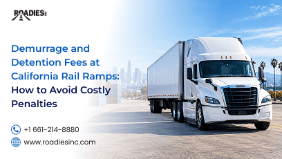 Drayage truck pulling an intermodal shipping container out of a California rail ramp terminal to avoid BNSF and Union Pacific daily demurrage storage fees.